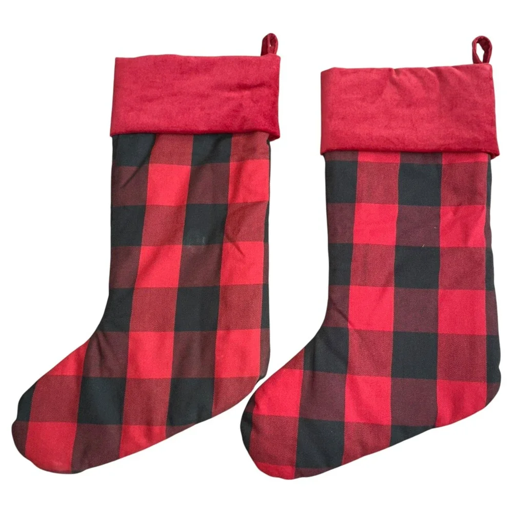 2-Embroidered Pottery Barn Red Black Buffalo Check Plaid‎ Christmas Stocking